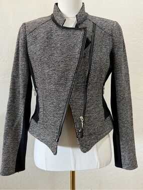 White Black Tweed Moto Jacket Size 4 Asymmetrical Zip Faux Leather Trim